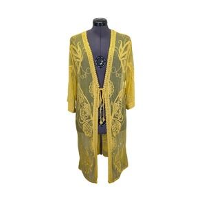 Ucho Bali Butterfly Embroidered Beach Cover Up One Size Yellow Sheer Tie